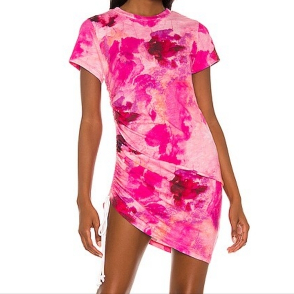 Pam & Gela Side Ruched Mini Dress in Pink Floral Shadow Size Medium - Picture 1 of 8